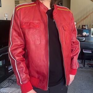 Men's Red Leather Bomber Jacket with Contrast Piping